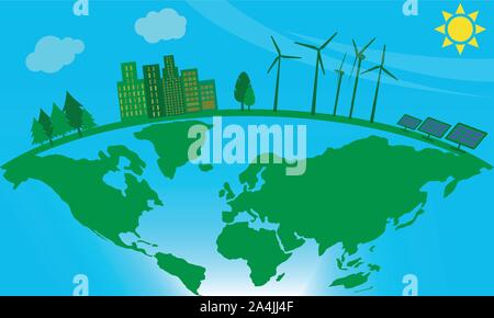 Green energy concept: windmills and solar panels near an apartment building on the earth globe Stock Vector