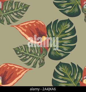 Seamless pattern with pink and purple calla lilies, illustration. Stock Vector