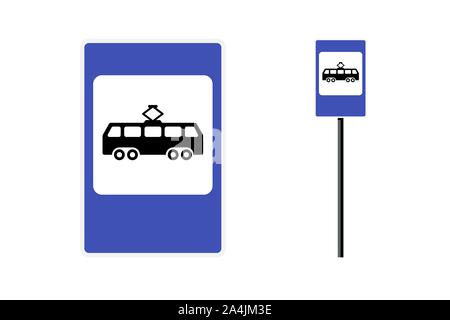 Tram stop post station flat design. Blue city road public transport sign set. Isolated vector symbol illustration on white background Stock Vector