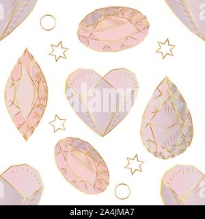 Colorful seamless pattern with hand drawn crystals and gems in pink, lilac tones with gold contour Stock Vector
