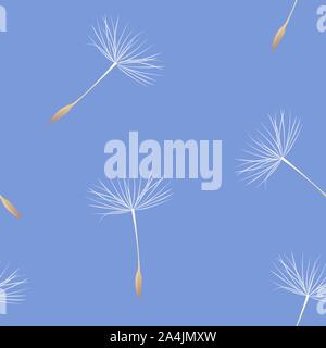 Dandelion fluff on blue seamless pattern background. Card with blowball seeds for cover or wrapper. Textile design texture. Nature backdrop. Vector summer template. Stock Vector
