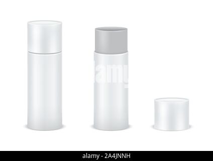 Vector set blank white cardboard cylinder box mockup. Tube for package design Isolated on white background. Vector illustration Stock Vector