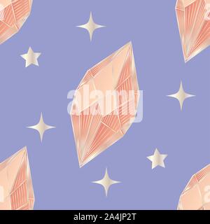 Colorful seamless pattern with hand drawn crystals and gems in pink, lilac tones with gold contour Stock Vector