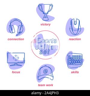 eSports skills set, connection, focus, reaction,skills, team work and victory. Gaming gadgets line set icon. Modern devices for video games. gamepad, headphones, vr mouse cup keyboard elements. Stock Vector