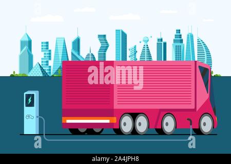 Electric truck at charging station. Hybrid futuristic semi trailer vechicle on future city. Modern e-vehicle technology and environment care concept. Flat eco friendly cargo vector illustration Stock Vector