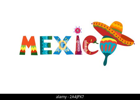 Mexico word in Mexican traditional ornament text for festive card or invitation design. Bright element sun with fiesta style chilli and sombrero. Colorful ethnic lettering vector illustration Stock Vector