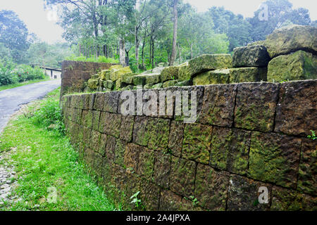 Close up of a mossy cut stone wall on the side of a paved road with trees and grasses in Meghalaya