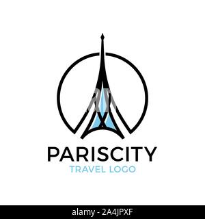Eiffel Tower logo icon, minimalist style. Symbol french, Paris, holiday, travel tour. Black silhouette tall building Eiffel Tower. Isolated or white b Stock Vector