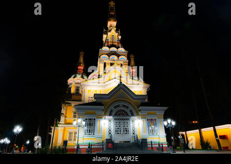 Almaty Russian Orthodox Christian Zenkov Ascension Cathedral Low Angle View in Panfilov Park at Late Night Stock Photo