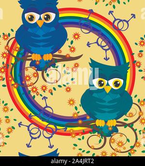 Seamless pattern with blue owl-boys on branches against the background of LGBT symbols, the concept of male love. Two owls gays in love Stock Vector