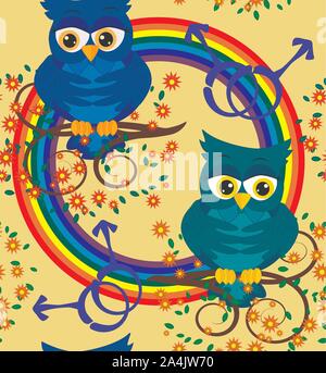 Seamless pattern with blue owl-boys on branches against the background of LGBT symbols, the concept of male love. Two owls gays in love Stock Vector