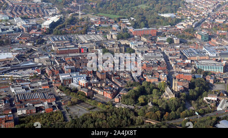aerial view of Bolton town centre from the east looking across St Peters Way towards the Town Hall, Stock Photo