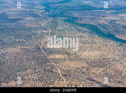 Typical landscape seen in a deserted area in Botswana, aerial view Stock Photo