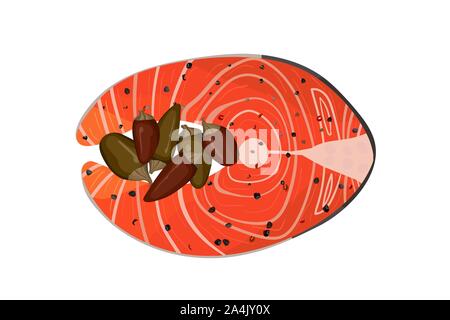 Salmon filet steak with peppers. Vector illustration. Seafood fish. Healthy diet. Stock Vector