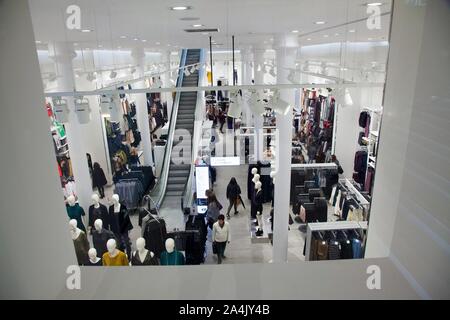 An HM shop (Hennes and Mauritz). Hennes & Mauritz AB is a Swedish multinational clothing-retail company known for its fast-fashion clothing for men, women, teenagers and children. Here in Nice, France.Photo Jeppe Gustafsson* Stock Photo