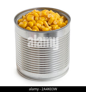 Canned sweet corn in an open metal tin isolated on white. Stock Photo