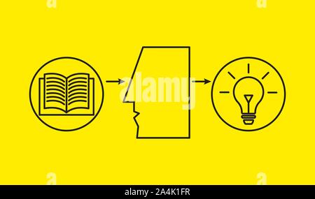 Book and man, intelligence development idea, insight lamps, education and training, line icon. Vector concept Stock Vector