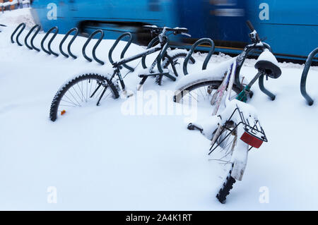 Bicycles in snow Stock Photo