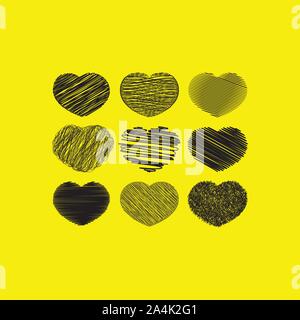 Grunge black unique hearts isolated on yellow background. Abstract shapes of hearts. Vector collection Stock Vector