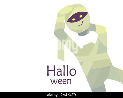 Colorful cute vector illustration isolated on a white background. Happy Halloween. Greeting card template. Smiling headless mummy with purple skin and Stock Vector