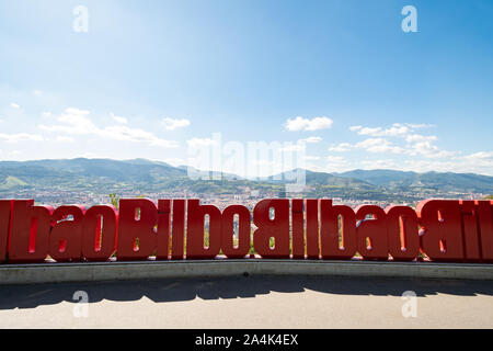 Bilbao tourist sign at Mount Artxanda viewpoint overlooking Bilbao, accessed by the Artxanda Funicular, Bilbao, Basque Country, Spain, Europe Stock Photo