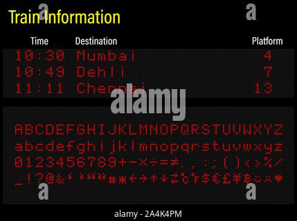 LED electronics digital font, letters, numbers and symbols vector illustration for airport panel, train information and sport scoreboard - red font Stock Vector