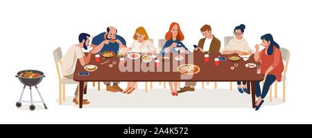 Collection of cute friends and kinsfolk sitting at tables and eating different delicious meals. Set of men and women trying tasty food at outdoor Stock Vector