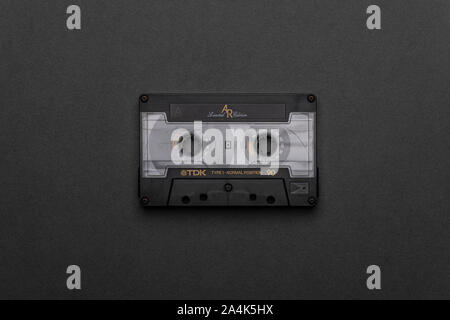 Analogue cassette tape isolated on a grey background 14.10.2019. Please credit: Phillip Roberts Stock Photo