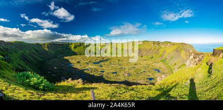 Wide Rano kau volcanic crater panorama in Easter Island Stock Photo