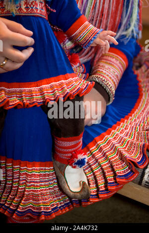 Laplander mother and child in traditional costume. Lapp / Lapps / Laplander / Laplanders / Lapplander / Lapplanders / Sami / Same in Kautokeino, Lapla Stock Photo