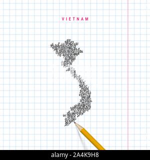 Vietnam sketch scribble map drawn on checkered school notebook paper background. Hand drawn vector map of Vietnam. Realistic 3D pencil. Stock Vector