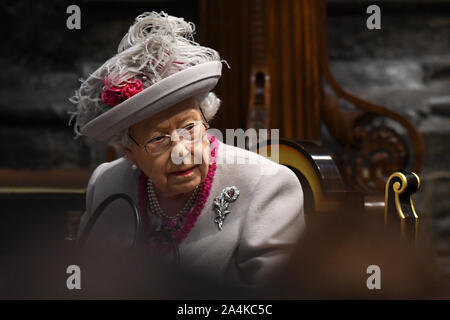 Queen Elizabeth II, accompanied by the Duchess of Cornwall, attends a service at Westminster Abbey in London to mark 750 years since Edward the Confessor's original church was rebuilt under the reign of King Henry III. Stock Photo