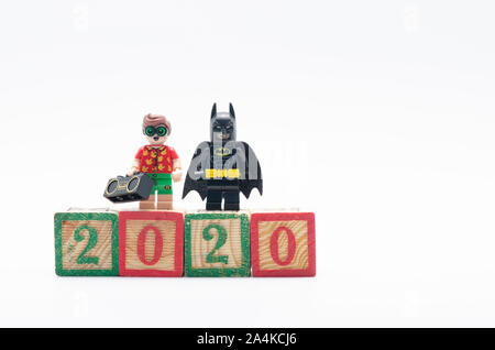 lego batman and robin celebrating year 2020. Lego minifigures are manufactured by The Lego Group. Stock Photo