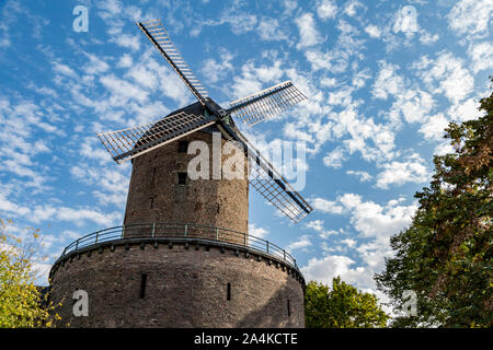 Beautiful mill in oldtown Kempen in autumn on a sunny day. Typical ancient German landmark. Historical wind mill in Germany. Stock Photo