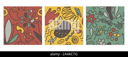 contemporary hand drawn natural seamless patterns. Set of abstract patterns with nature background for wrapping paper, print, textile, modern vector fashion prints. Stock Vector