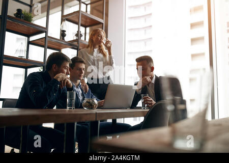 smart cute businessmen and woman developing new strategy , programme, close up photo Stock Photo