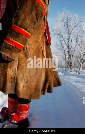 Laplander traditional costume. Detail. Lapp / Lapps / Laplander / Laplanders / Lapplander / Lapplanders / Sami / Same in Kautokeino, Lapland / Lapplan Stock Photo