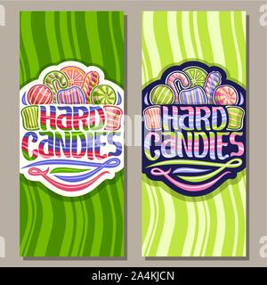Vector vertical banners for Hard Candies, on logo many assorted striped candies up, original brush typeface for words hard candies rainbow colored and Stock Vector