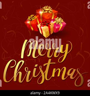 Christmas card with gift boxes, ribbons, bows and Merry Christmas colden lettering on dark red background, vector illustration. Stock Vector