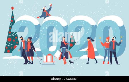Flat design New Year vector concept. Preparing to meet 2020 new year. Business people building the numbers 2020. Company team are preparing to meet th Stock Vector