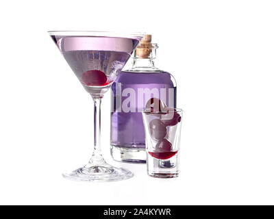 Aviation: a purple-bluish cocktail made with gin, maraschino, crème de violette and a dash of lemon juice, served with a maraschino cherry Stock Photo