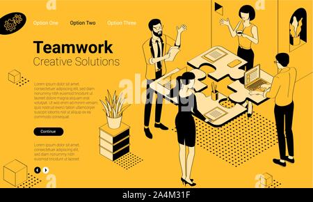Coworkers pushing pieces of puzzle. Stock Vector