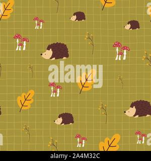 Autumn kids vector background. Hedgehog toadstool mushrooms acorn leaf seamless vector pattern. Scandinavian children design nature background. For Stock Vector