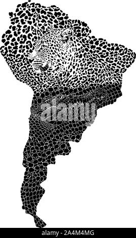 Jaguar and crocodile on the map of South America Stock Vector