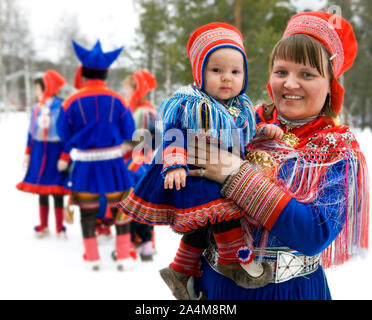 Portrait of Laplander mother and daughter. Lapp / Lapps / Laplander / Laplanders / Lapplander / Lapplanders / Sami / Same in Kautokeino, Lapland / Lap Stock Photo