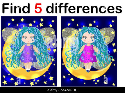 Find differences education game for children, fairy in the moon Stock Photo