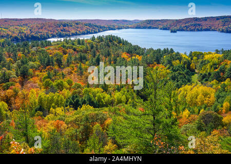 The Town of Dorset in Ontario, Canada at autumn or fall season with colourful views and lots of tourist visiting the fire tower and look-out hill. Stock Photo