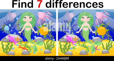 Find differences, game for children, mermaid underwater in cartoon ...