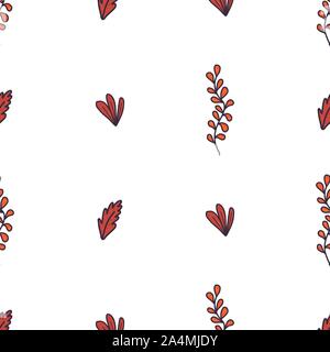Orange autumn brunch and leaves seamless pattern in modern doodle style for print design, wrapping paper, textile. Graphic floral backdrop. Abstract nature vector background. Stock Vector