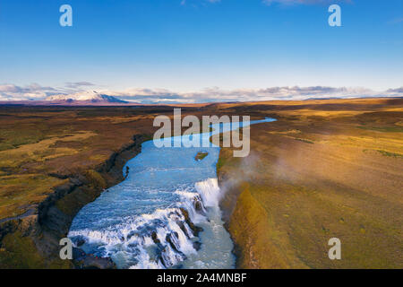 Aerial view of the Gullfoss waterfall and the Olfusa river in southwest Iceland Stock Photo